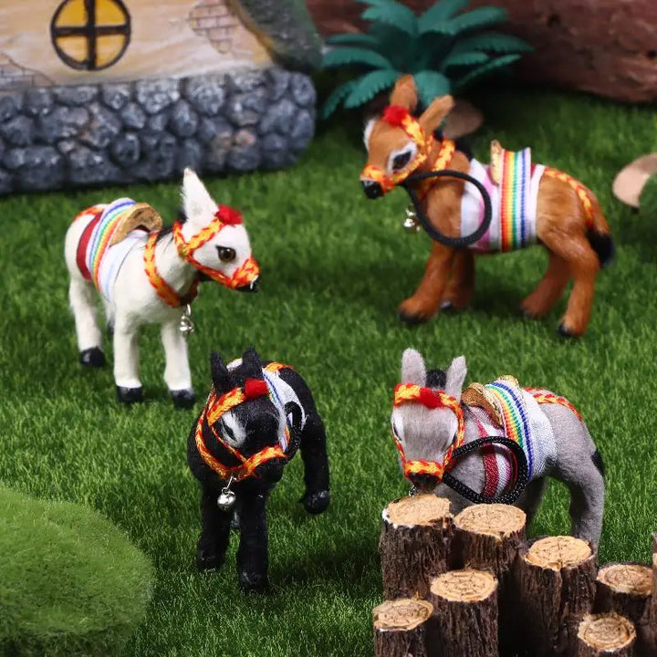 Charming Black Donkey Figurine with Colorful Striped Harness And Jingle Bell - Indoor Home Or Office Desk Decorative Statue for