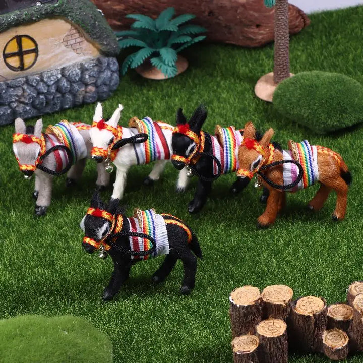 Charming Black Donkey Figurine with Colorful Striped Harness And Jingle Bell - Indoor Home Or Office Desk Decorative Statue for